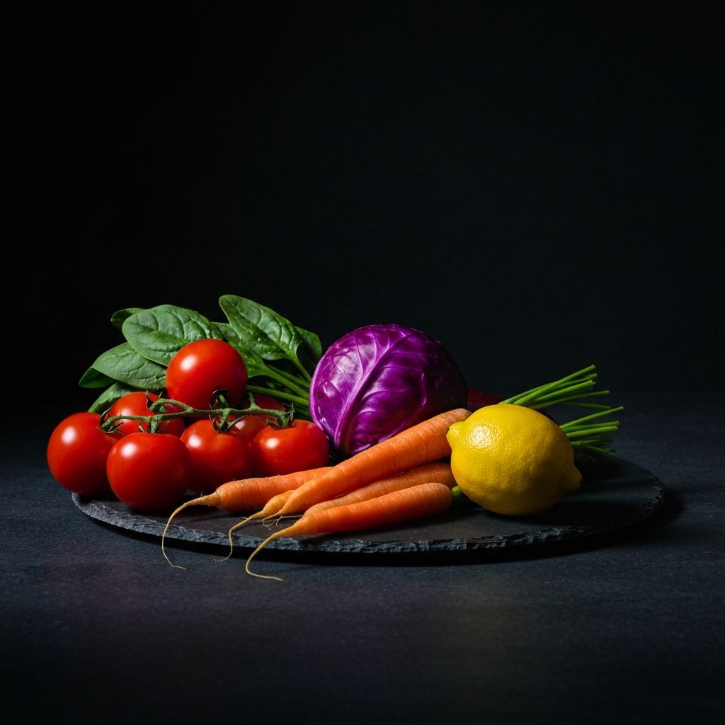Colorful fresh vegetables and fruits including tomatoes, carrots, spinach and peppers arranged on a dark surface