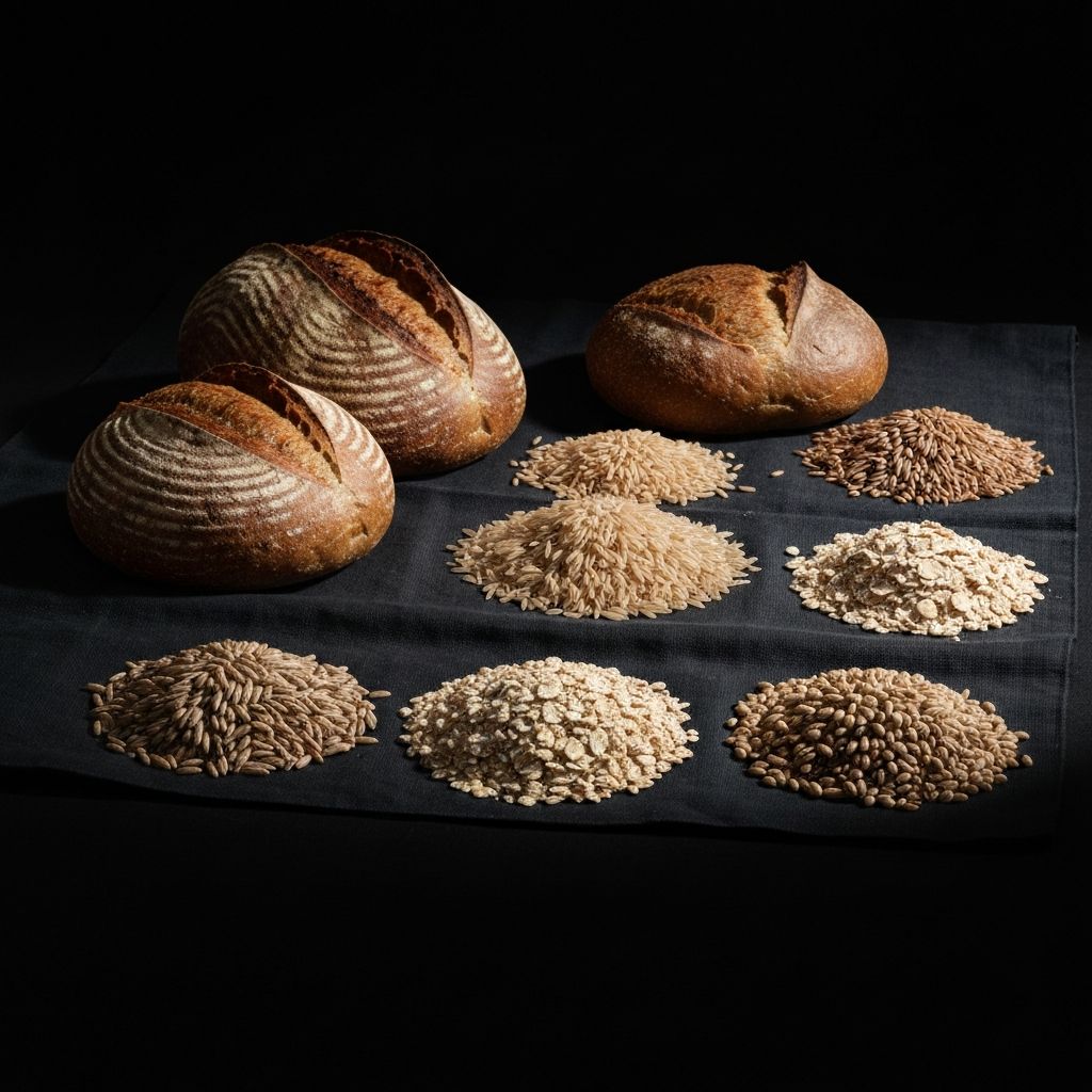 Whole grain foods including oats, brown rice, quinoa and whole grain bread on a linen cloth