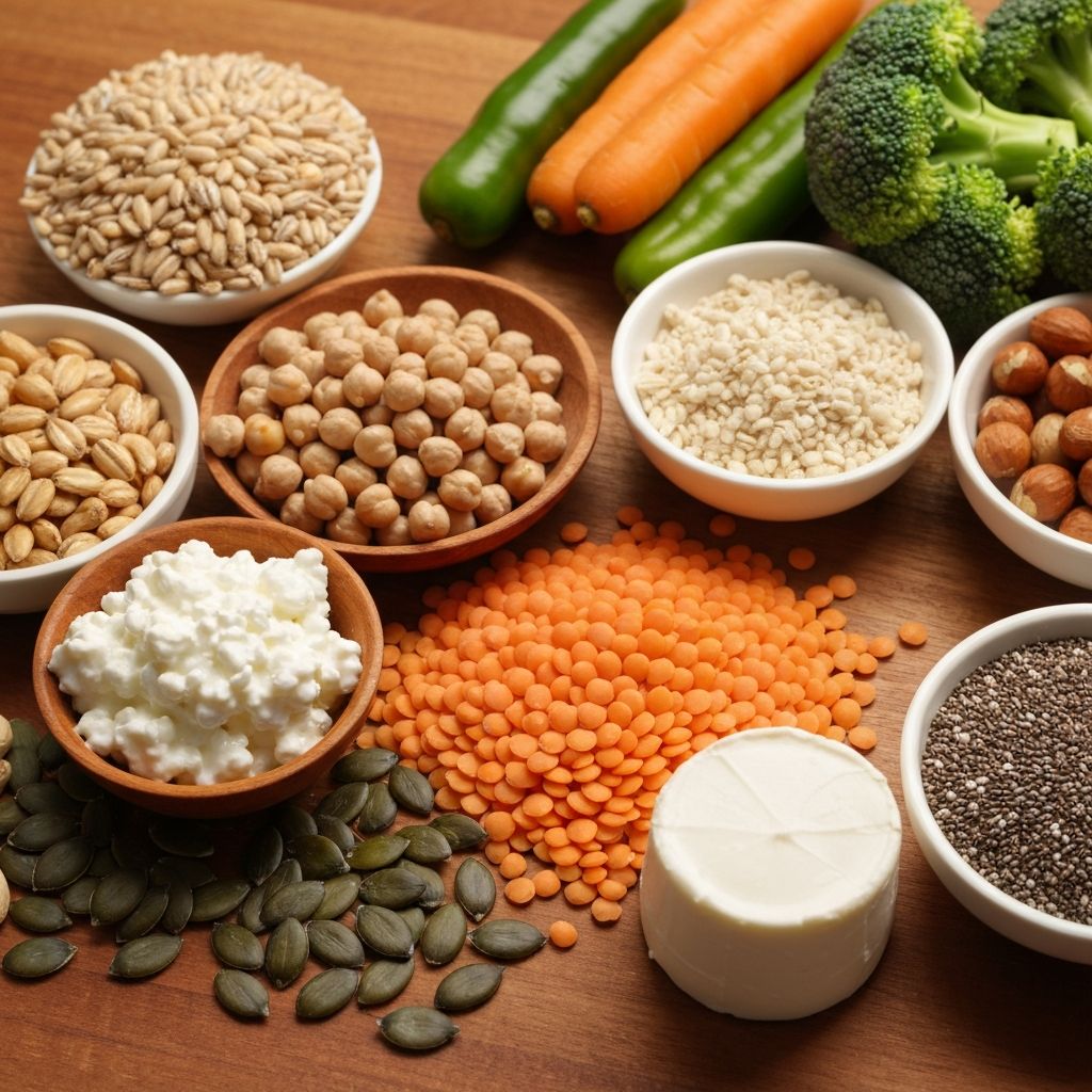 Assorted food groups including whole grains, vegetables, legumes, dairy, nuts and seeds arranged on a wooden surface