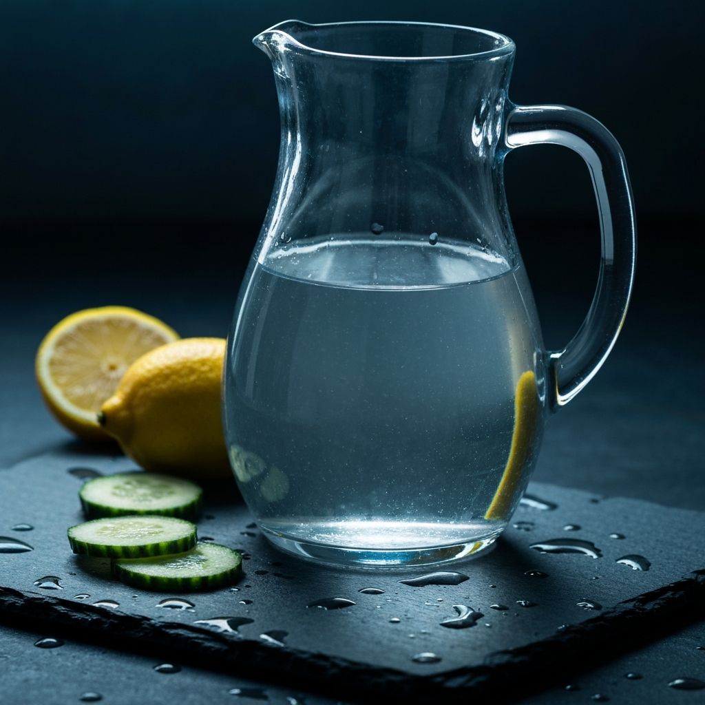 A glass pitcher of fresh water with cucumber and lemon slices on a stone surface